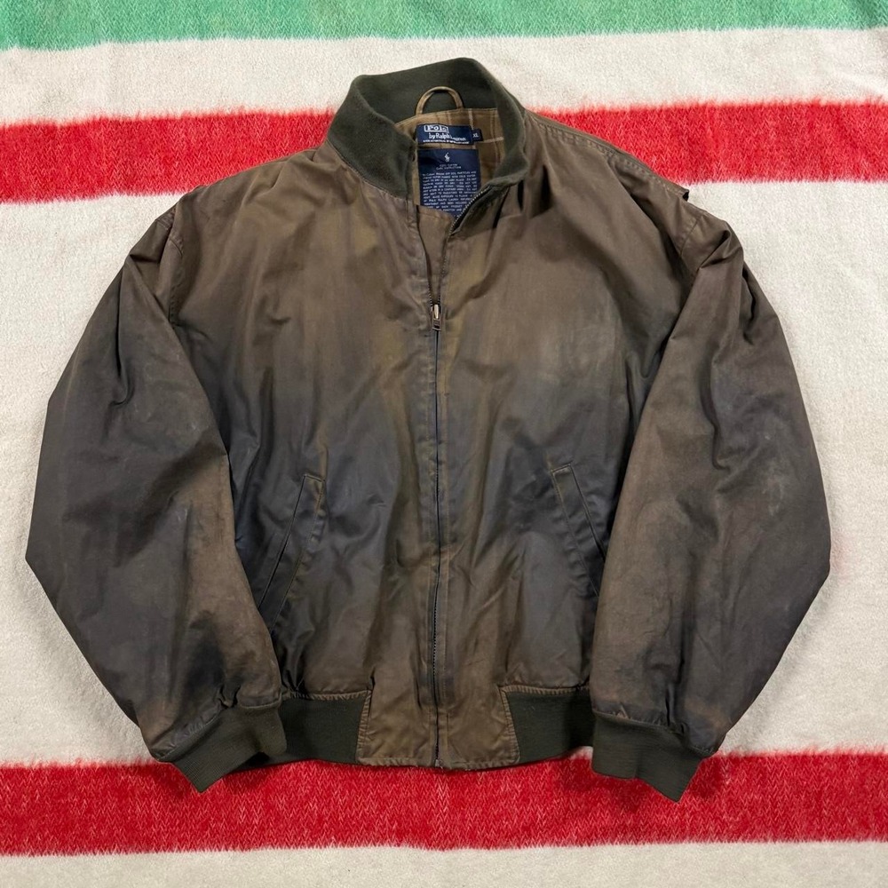 Polo Ralph Lauren Vintage 90s Waxed Canvas Oil Cloth Bomber Jacket XL Brown